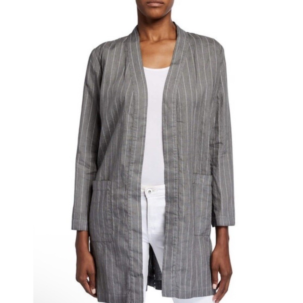 120% Lino Womens Open Linen Striped Topper Sz 40 Grey Lagenlook Pockets Coastal